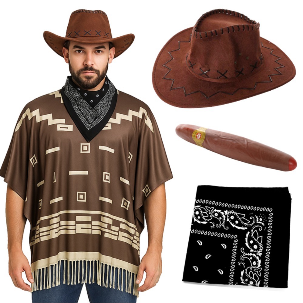Click to view product details and reviews for Adults Wild Western Costume 4 Pcs Brown Poncho Cigar Black Bandana Brown Suede Cowboy Hat.