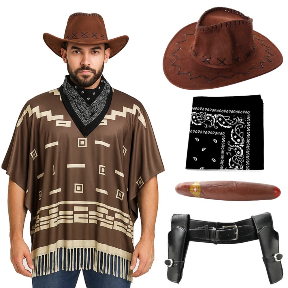 Click to view product details and reviews for Adults Wild Western Costume 5 Pcs Brown Poncho Cigar Black Bandana Holster Brown Suede Cowboy Hat Standard.