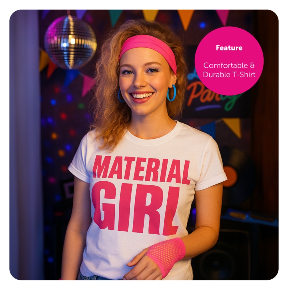 Ladies Material Girl T-Shirt – White with Bright Pink Lettering