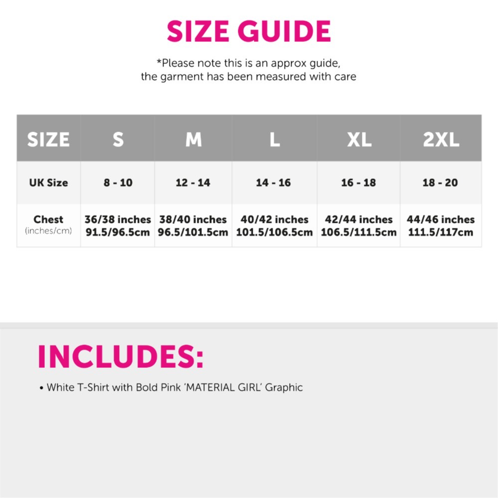 Ladies Material Girl T-Shirt – White with Bright Pink Lettering