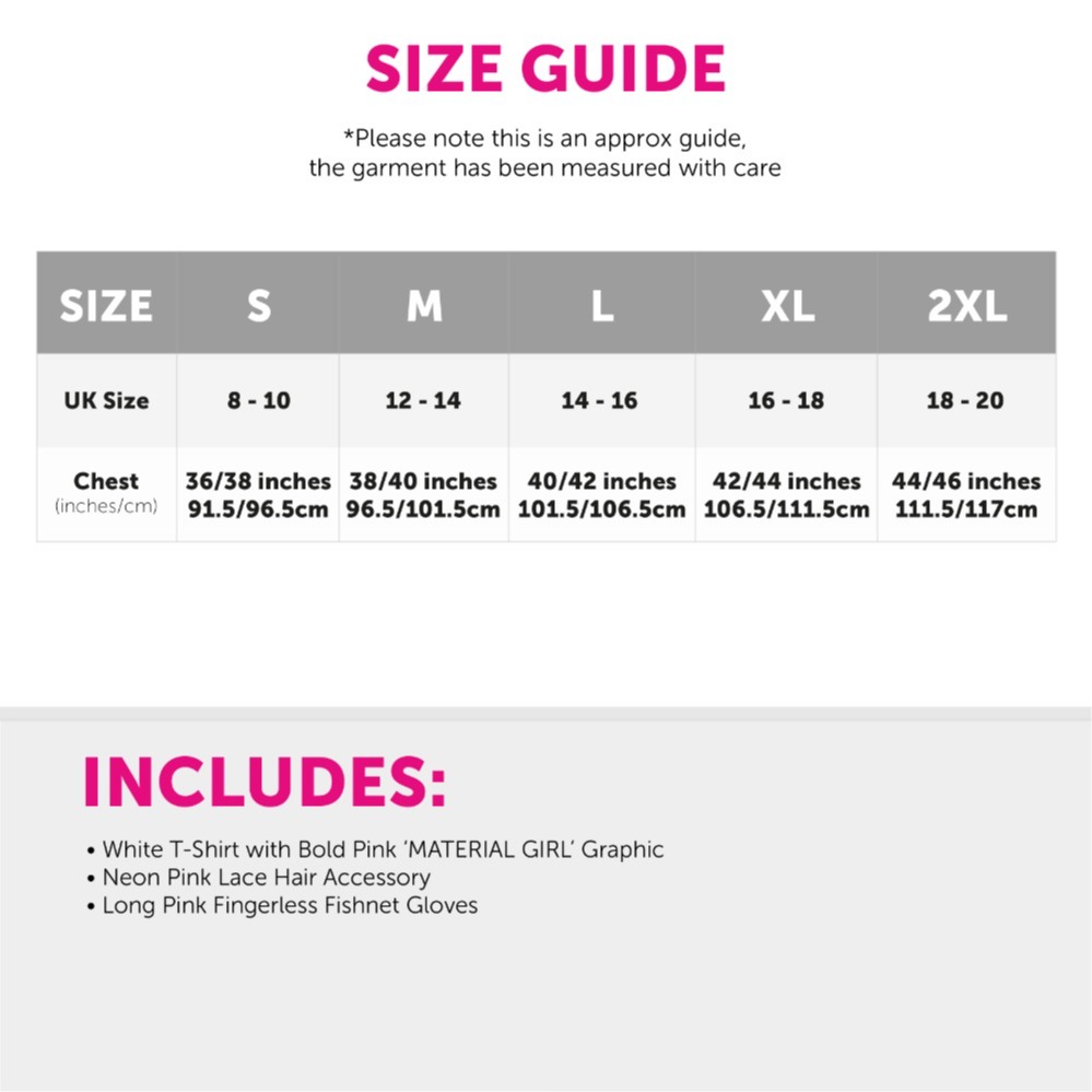 Ladies Material Girl Costume – Printed T-shirt, Lace Hair Bow & Pink Fishnet Gloves