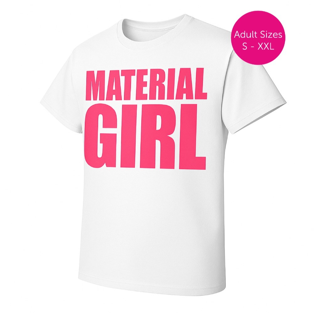 Ladies Material Girl Costume – Printed T-shirt, Lace Hair Bow & Pink Fishnet Gloves