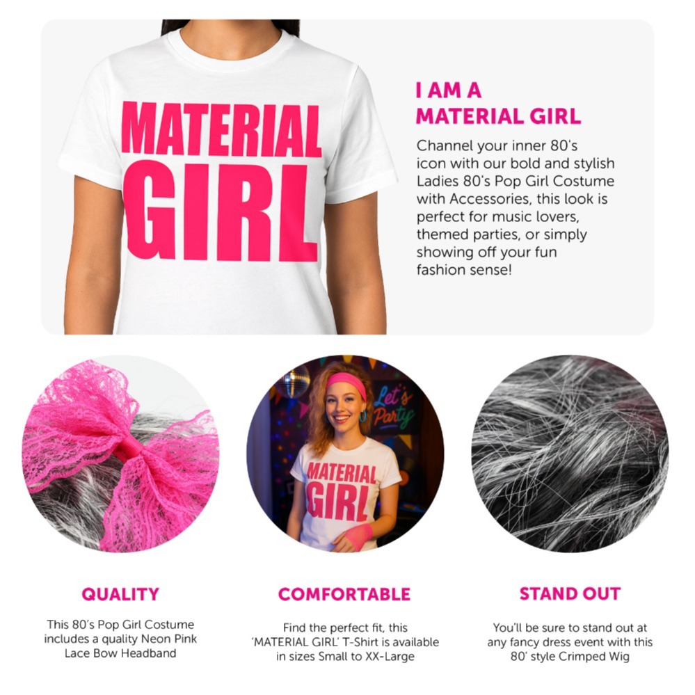 Ladies Material Girl Costume – Printed T-shirt, Wig & Pink Headband