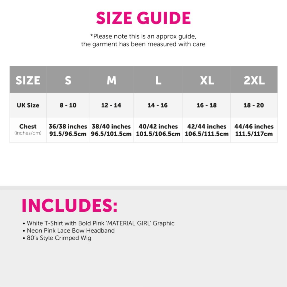 Ladies Material Girl Costume – Printed T-shirt, Wig & Pink Headband