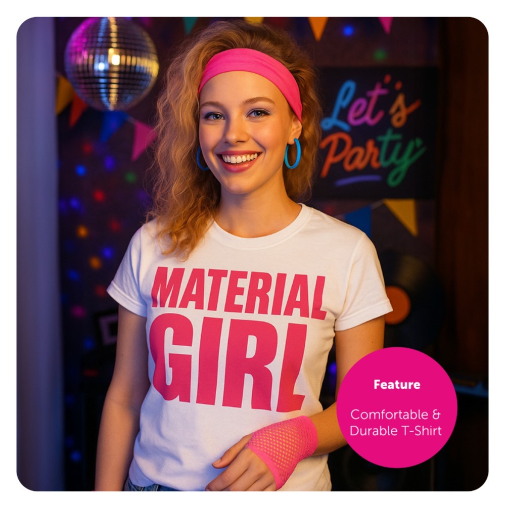 Ladies Material Girl Costume – Printed T-shirt, Gloves, Wig & Pink Headband
