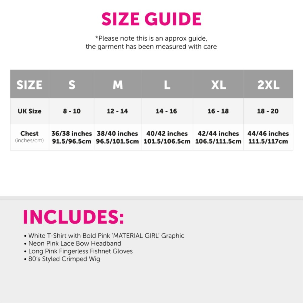 Ladies Material Girl Costume – Printed T-shirt, Gloves, Wig & Pink Headband
