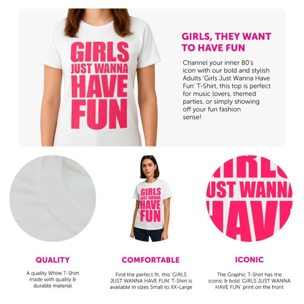 Ladies “Girls Wanna Have Fun” T-Shirt – White with Bright Pink Lettering