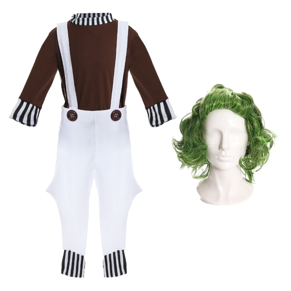 Childs Chocolate Factory Worker Costume | 3 Pcs | Top, Dungarees & Wig