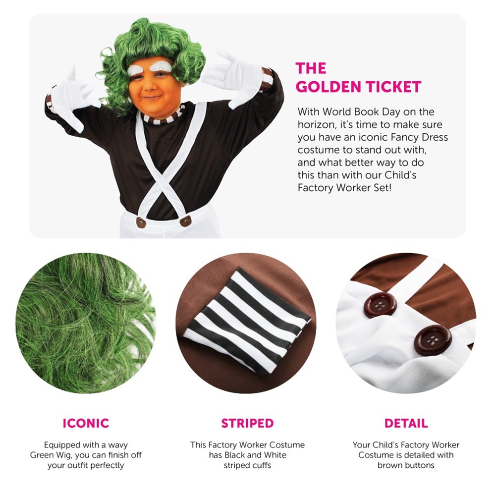Childs Chocolate Factory Worker Costume - with Wig