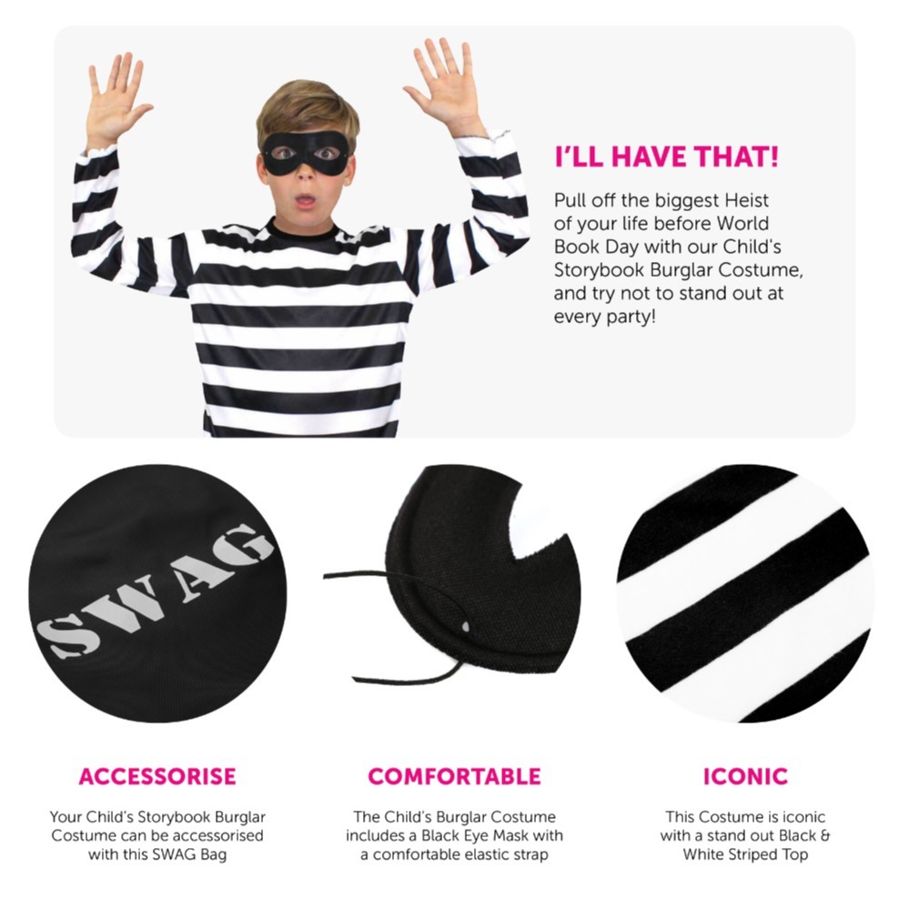 Child's Storybook Burglar Costume - Long Sleeve Top, Mask & Swag Bag