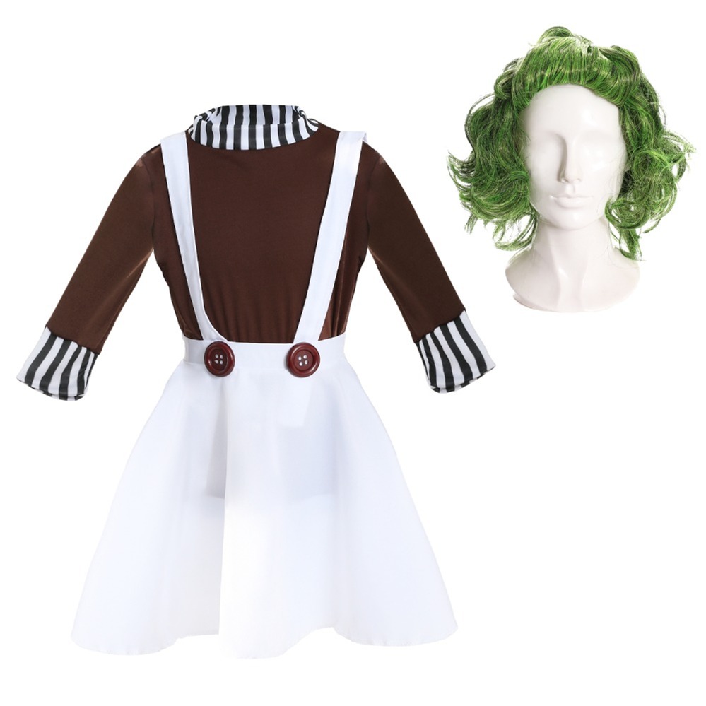 Girls Chocolate Factory Worker Costume | 3 Pcs | Top, Skirt Dungarees & Wig