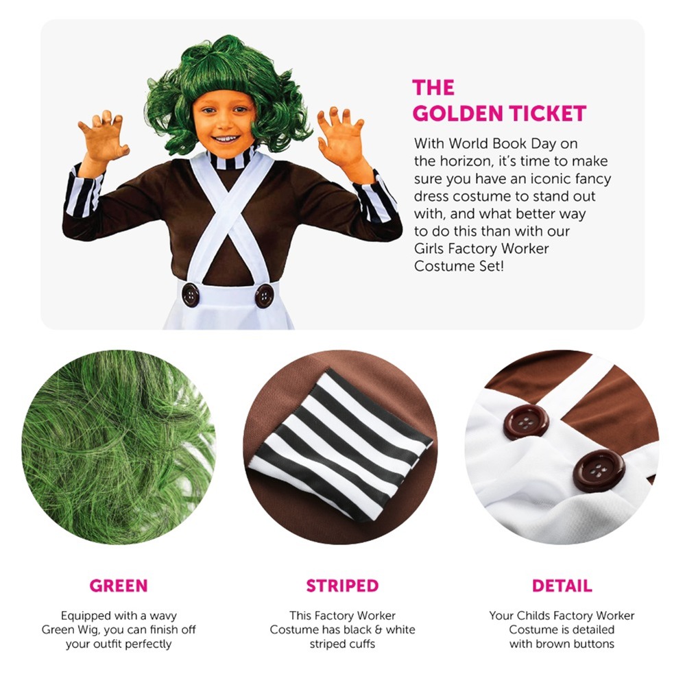 Girls Chocolate Factory Worker Costume - with Wig