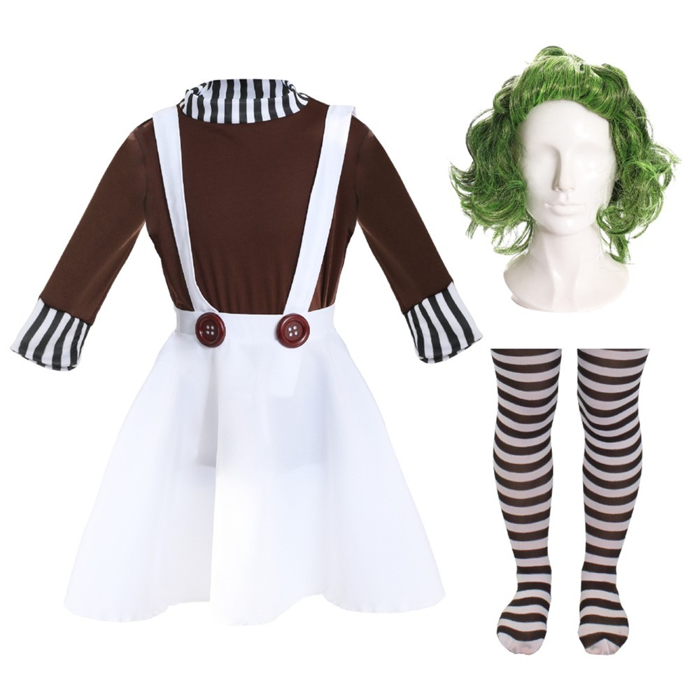 Girls Chocolate Factory Worker Costume | 4 Pcs | Top, Skirt Dungarees, Wig & Tights