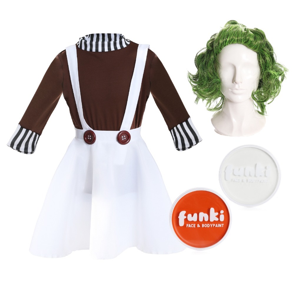 Girls Chocolate Factory Worker Costume | 4 Pcs | Top, Skirt Dungarees, Wig & Face Paint