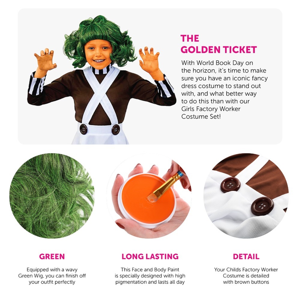 Girls Chocolate Factory Worker Costume - Wig & Face Paint