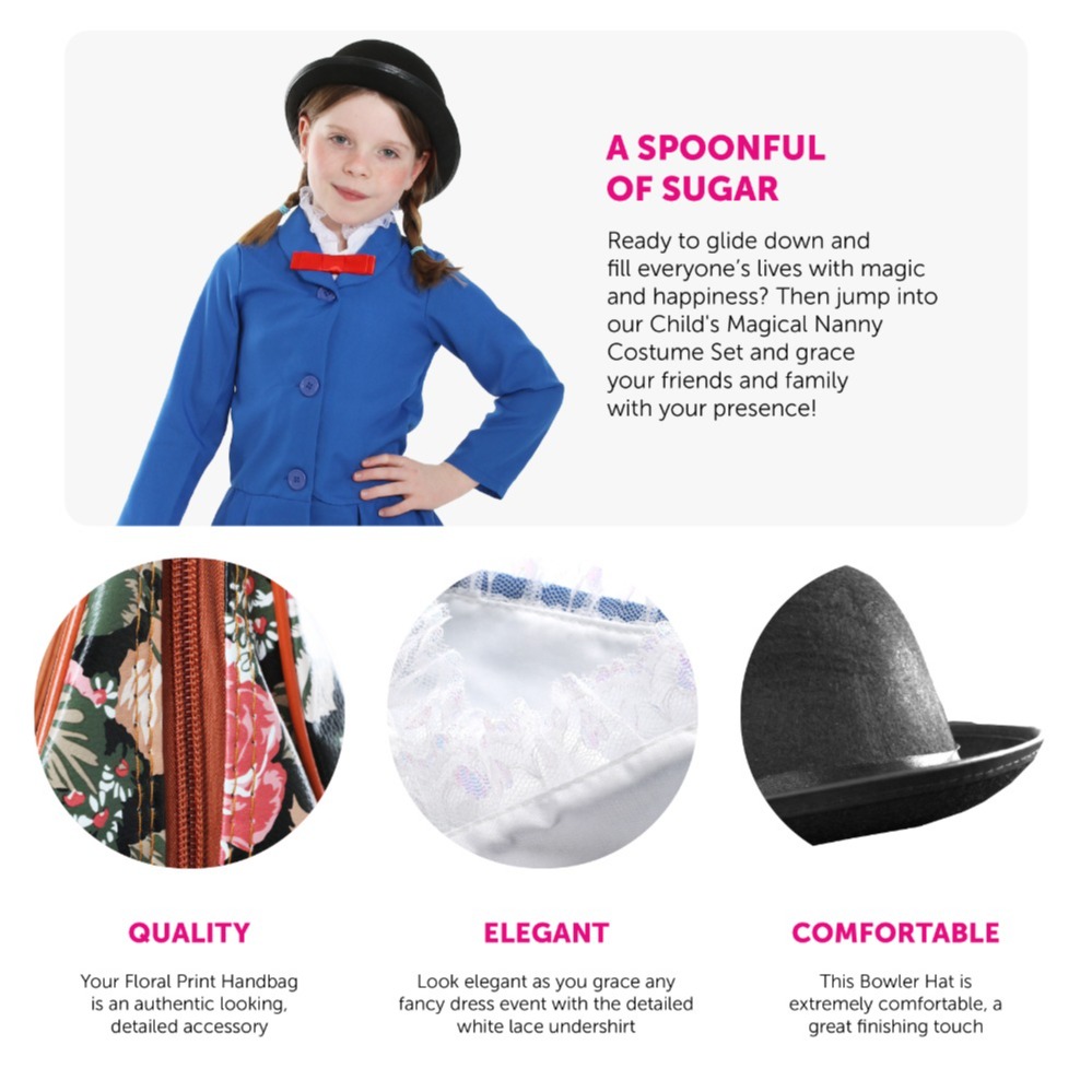 Girls Magical Nanny Costume - with Plain Bowler Hat, White Gloves & Floral Bag