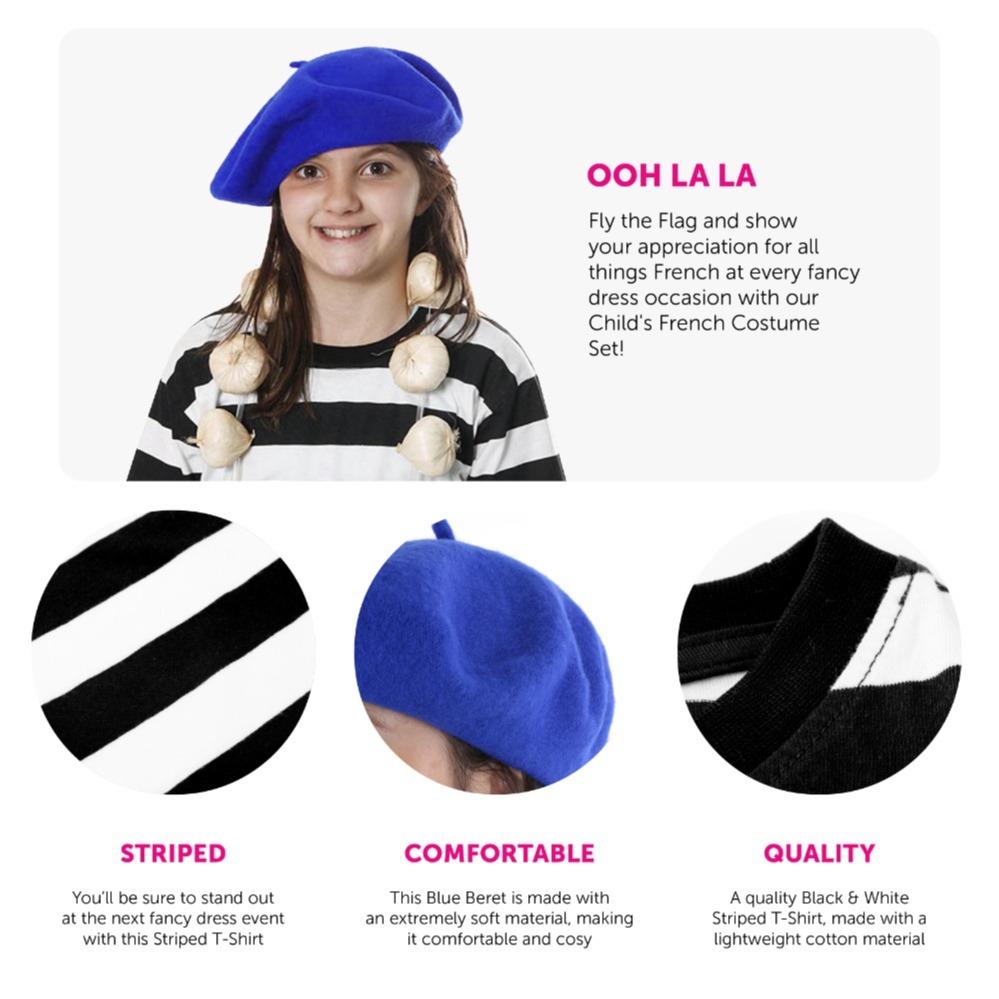 Childs French Costume Set - Striped Top, Blue Beret & Garlic Garland