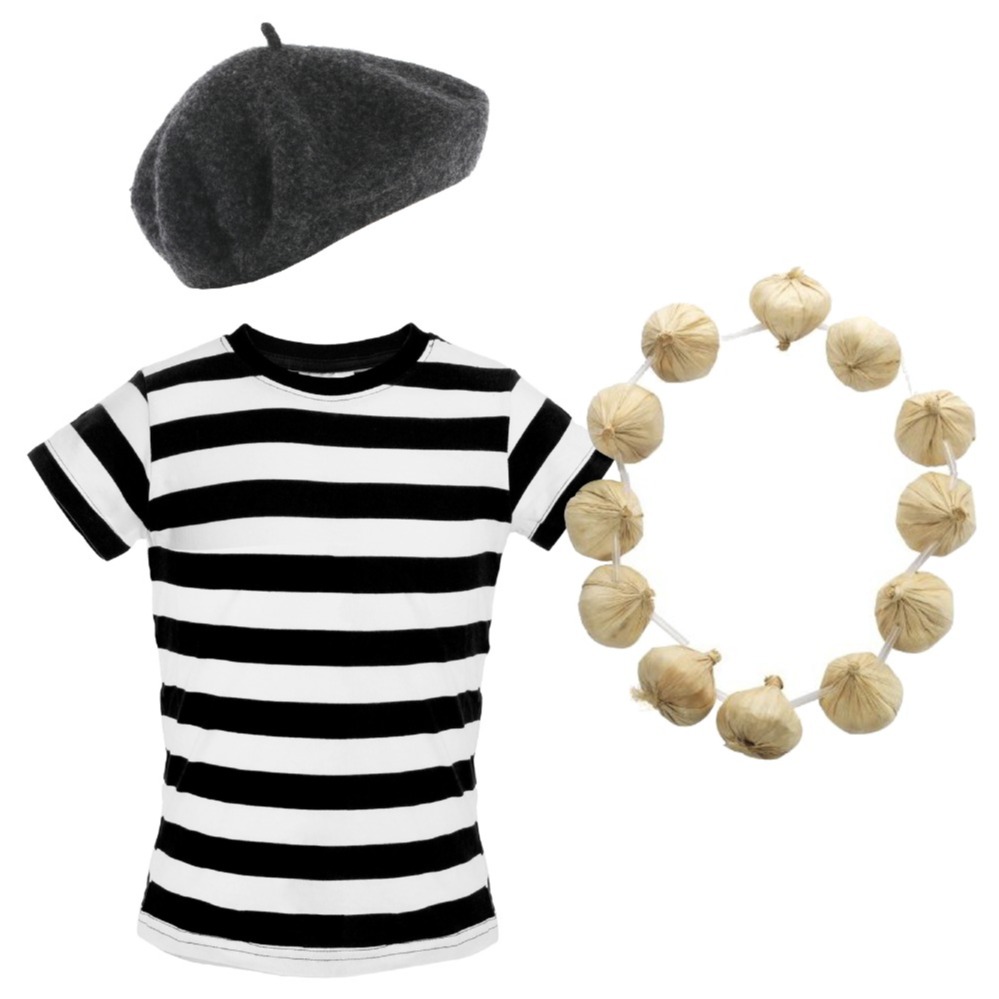 Childs French Costume Set - Striped Top, Grey Beret & Garlic Garland