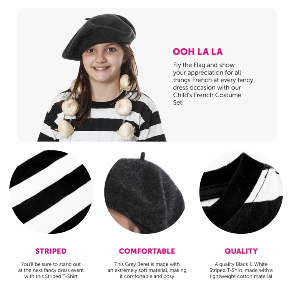 Childs French Costume Set - Striped Top, Grey Beret & Garlic Garland
