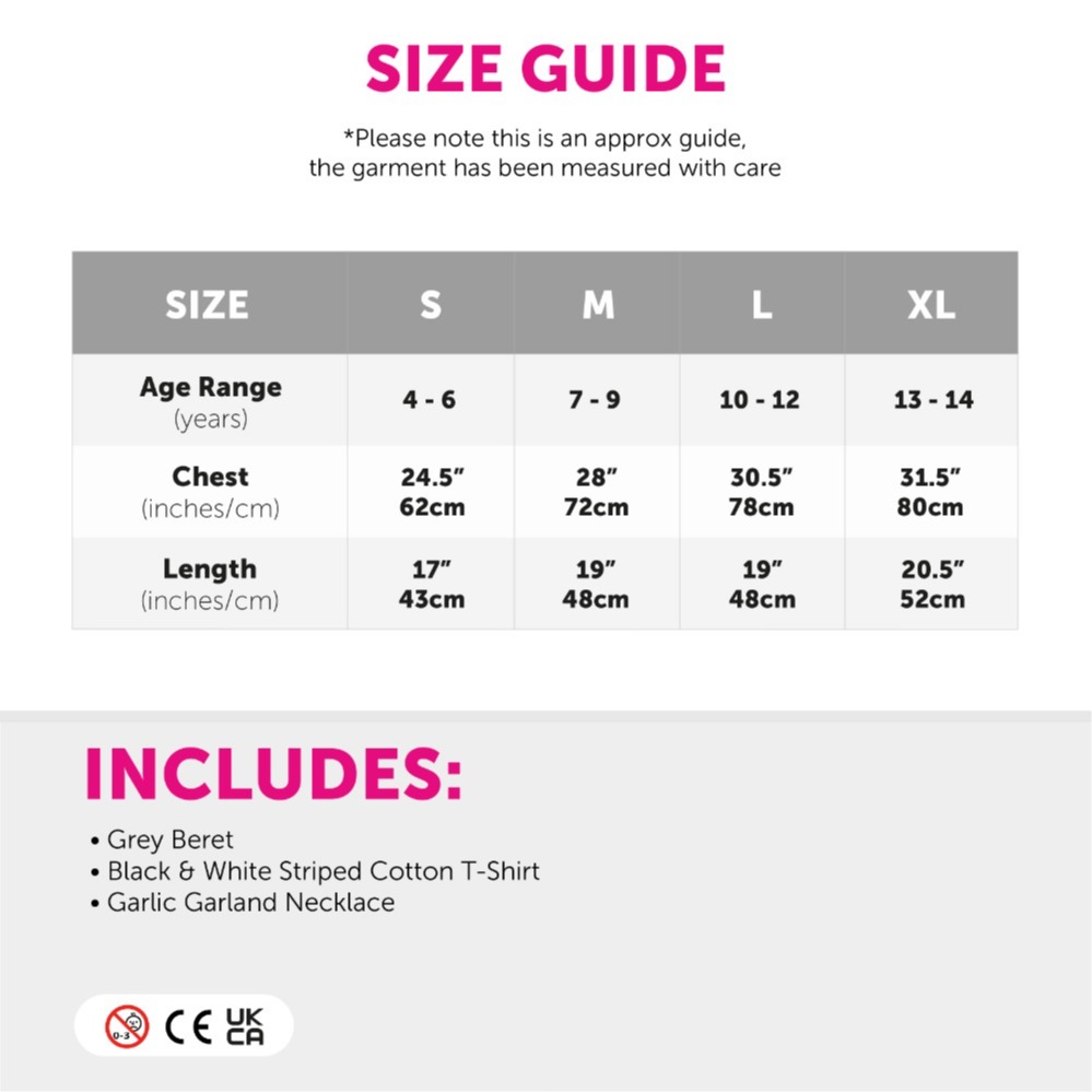 Childs French Costume Set - Striped Top, Grey Beret & Garlic Garland