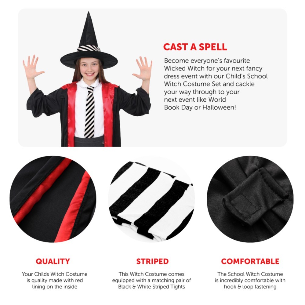 Girls School Witch Costume - Wand & Tights