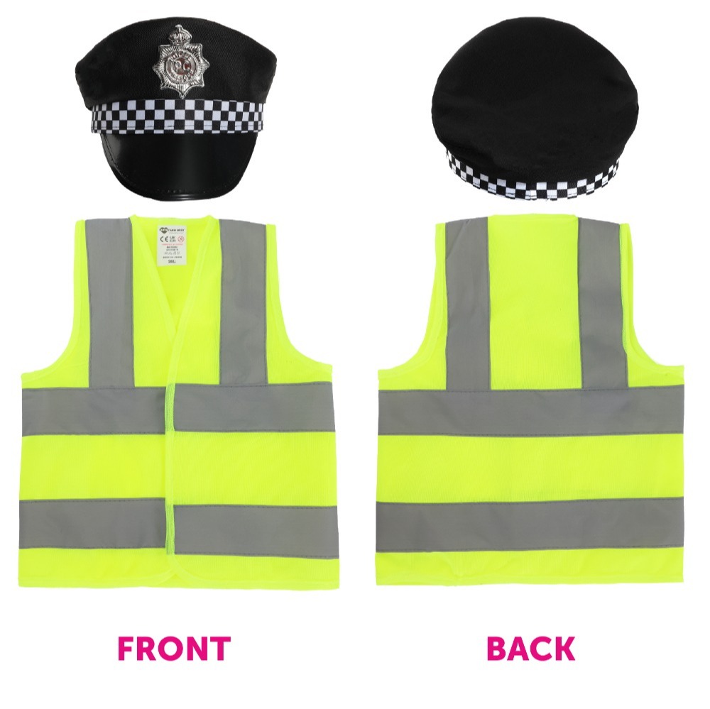Childs Police Officer Costume Set - Hi Vis Vest, Hat & 10 Piece Set