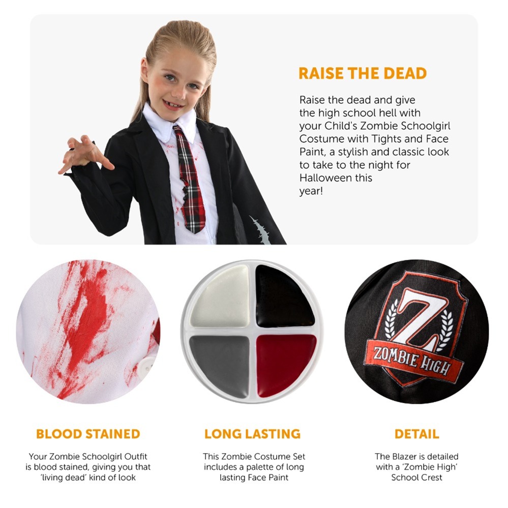 Girls Zombie Schoolgirl Halloween Costume With Bloody Tights, Facepaint & Blood