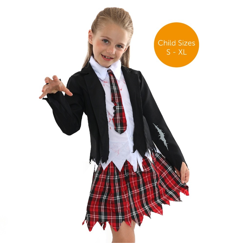 Girls Zombie Schoolgirl Halloween Costume With Bloody Tights, Facepaint & Blood