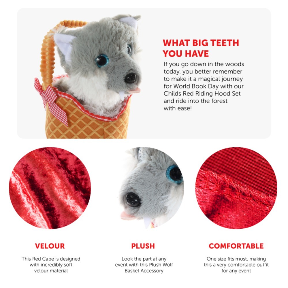 Girls Red Riding Hood Set - Hooded Cape & Soft Basket with Wolf