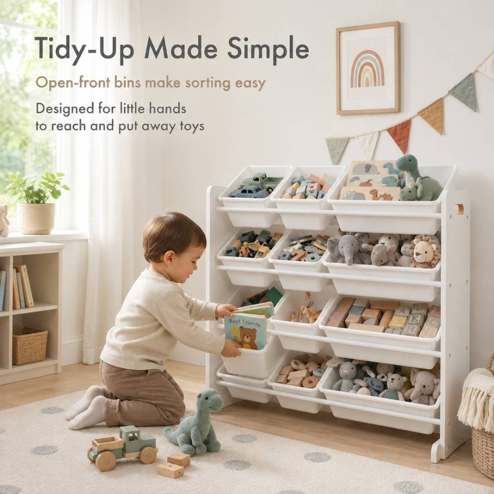 Kids Wooden Toy Storage Organiser | 12 Bin Storage Unit White | 88cm x 28cm 79cm