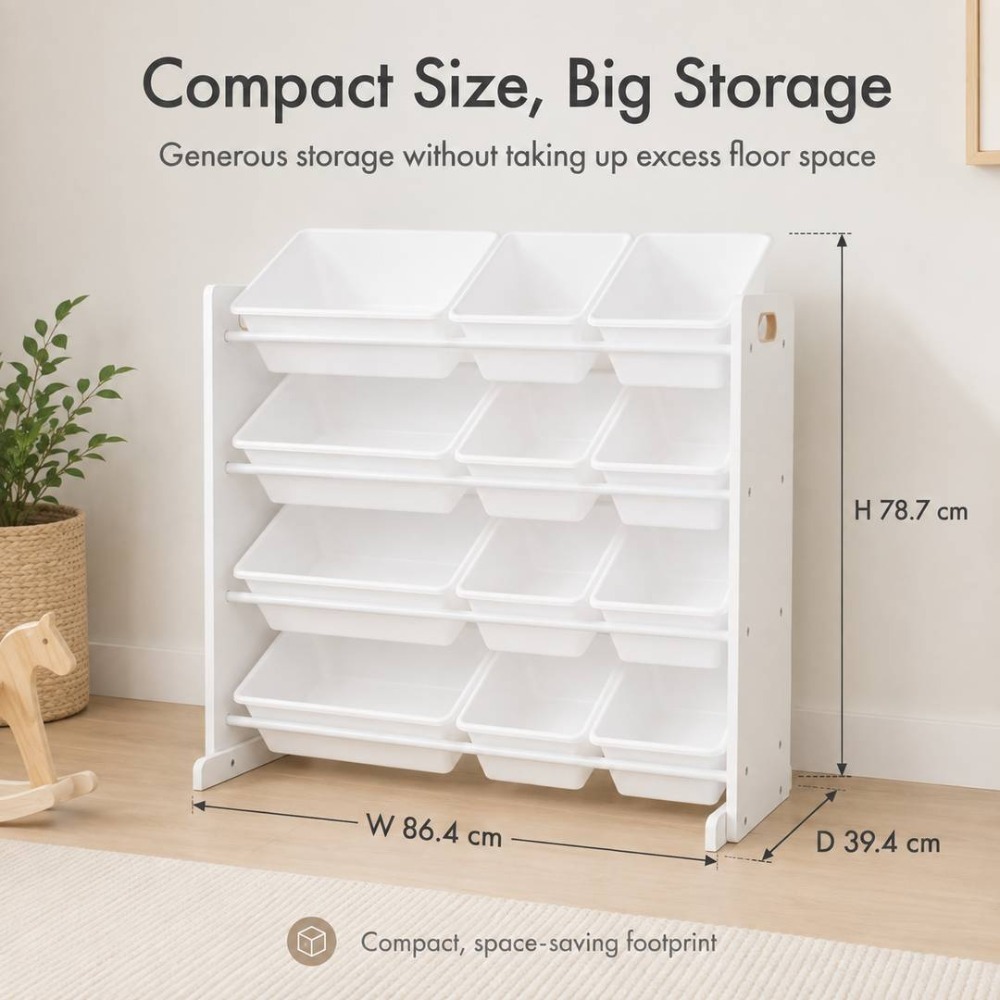 Kids Wooden Toy Storage Organiser | 12 Bin Storage Unit White | 88cm x 28cm 79cm