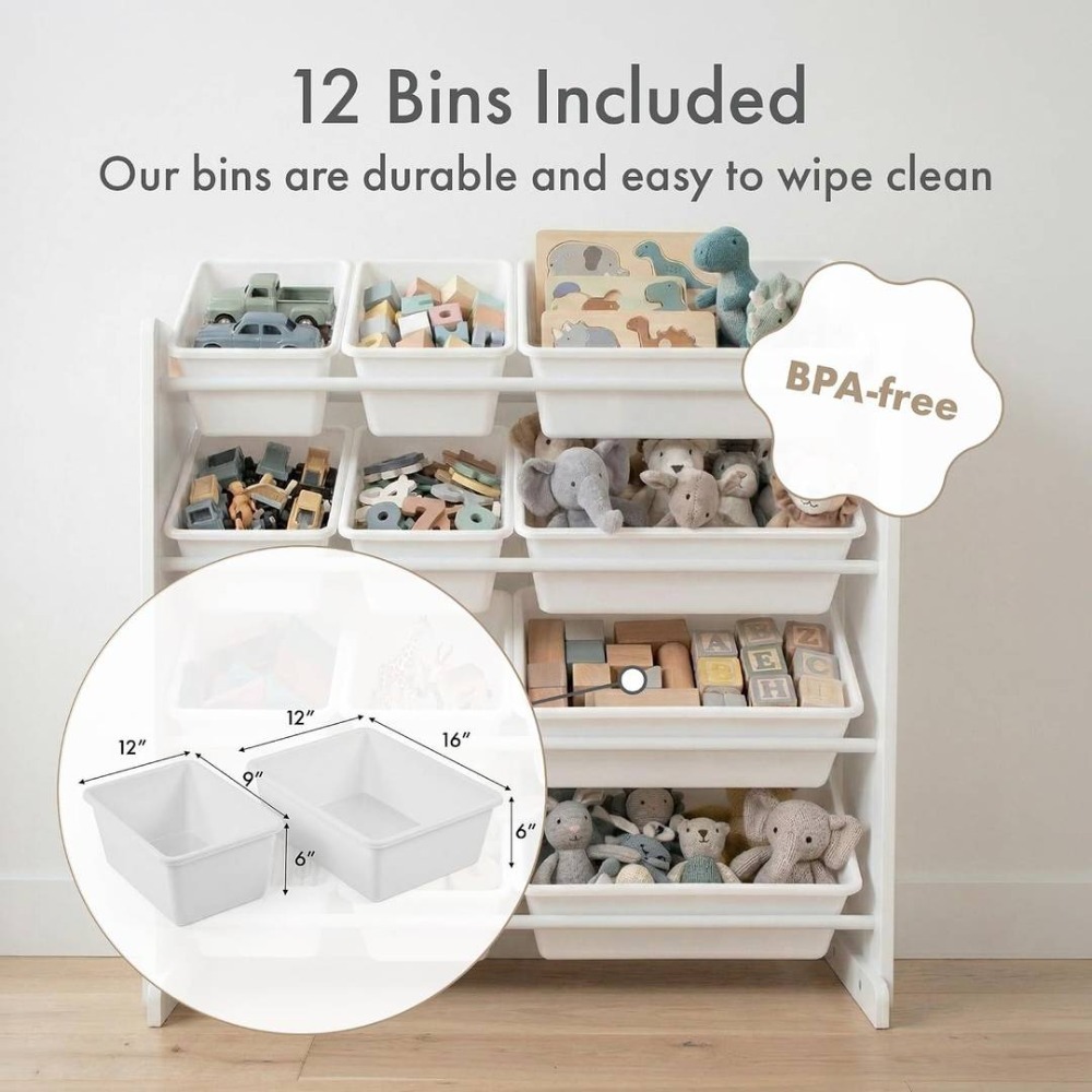 Kids Wooden Toy Storage Organiser | 12 Bin Storage Unit White | 88cm x 28cm 79cm