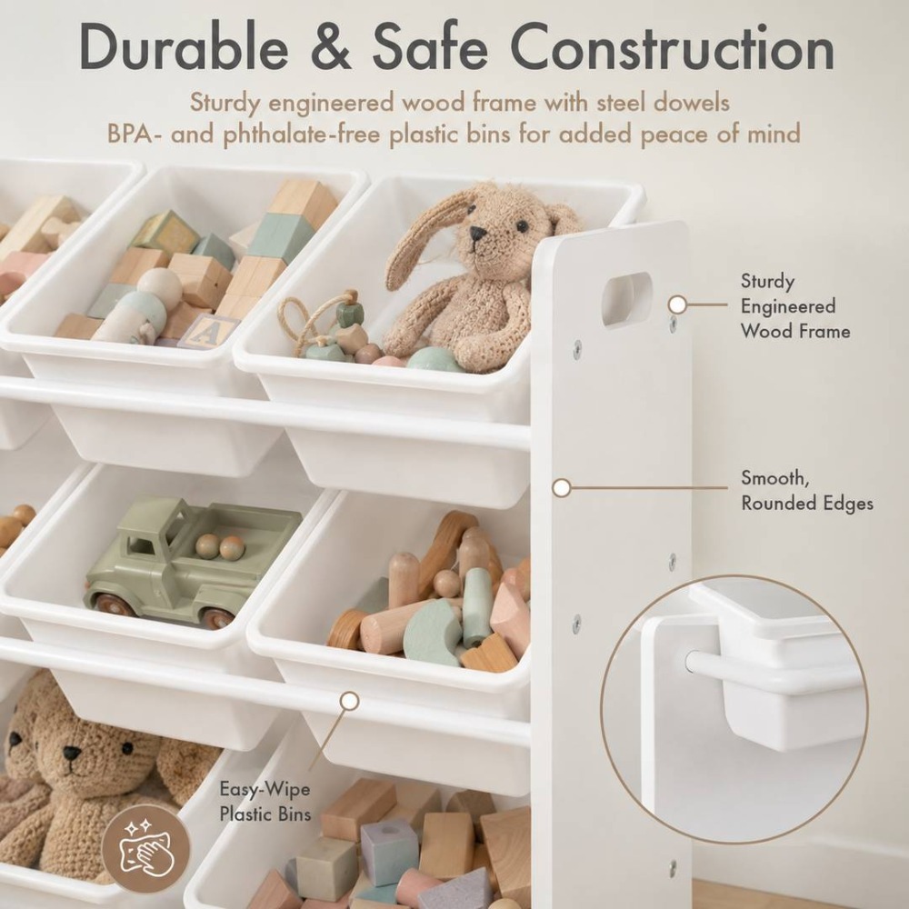 Kids Wooden Toy Storage Organiser | 12 Bin Storage Unit White | 88cm x 28cm 79cm