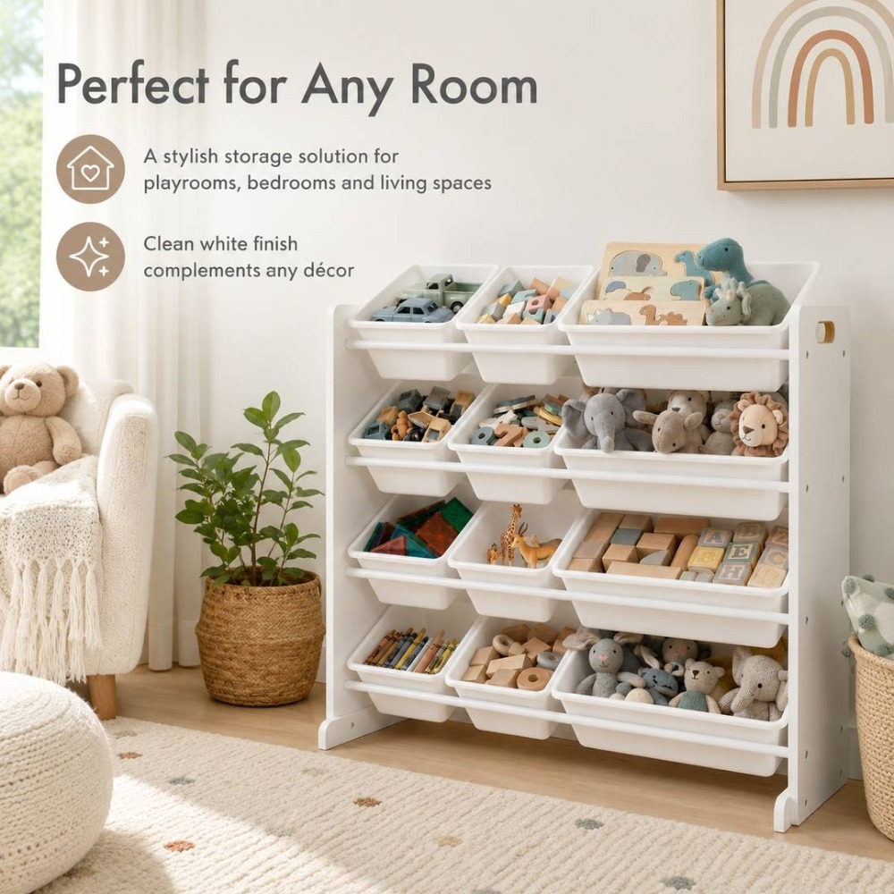 Kids Wooden Toy Storage Organiser | 12 Bin Storage Unit White | 88cm x 28cm 79cm