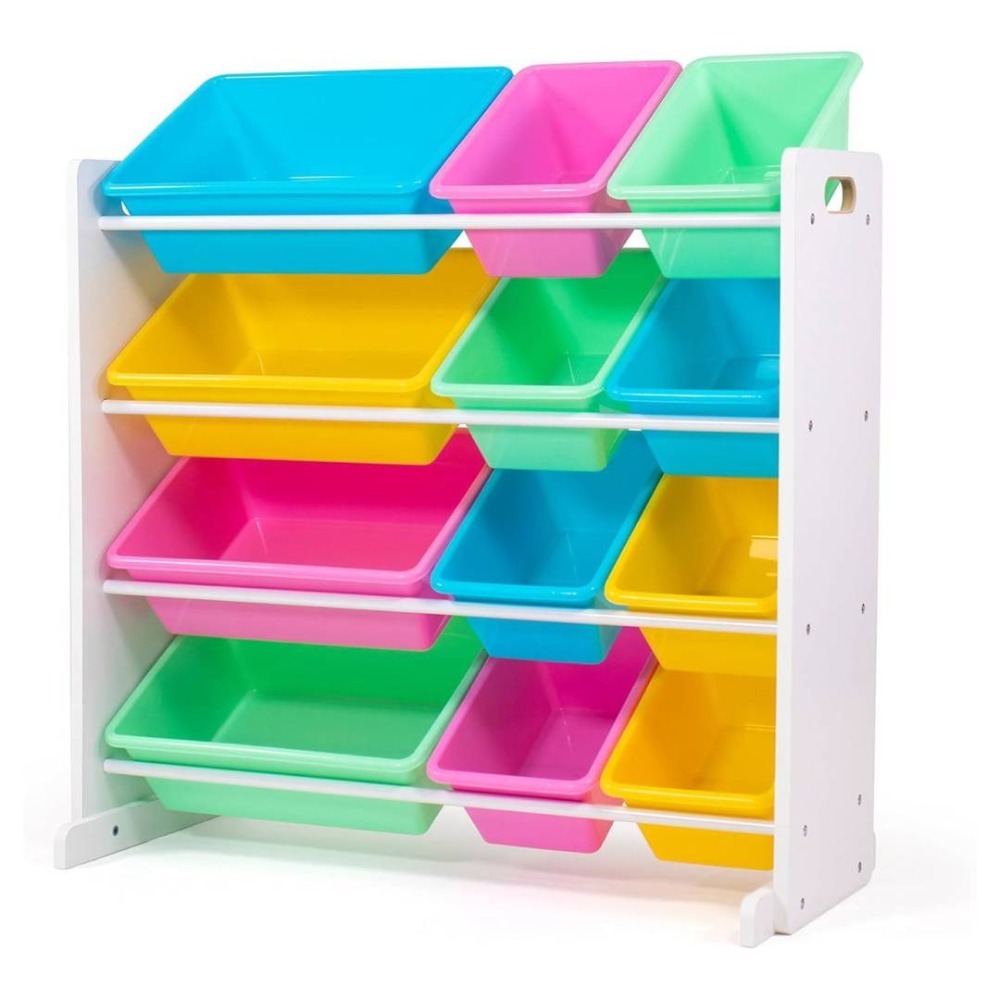 Kids Wooden Toy Storage Organiser | Storage Unit with 12 Colourful Bins White | 86cm x 28cm x 79cm