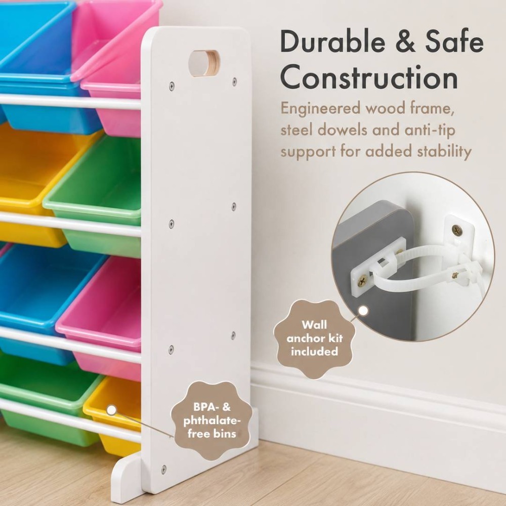 Kids Wooden Toy Storage Organiser | Storage Unit with 12 Colourful Bins White | 86cm x 28cm x 79cm
