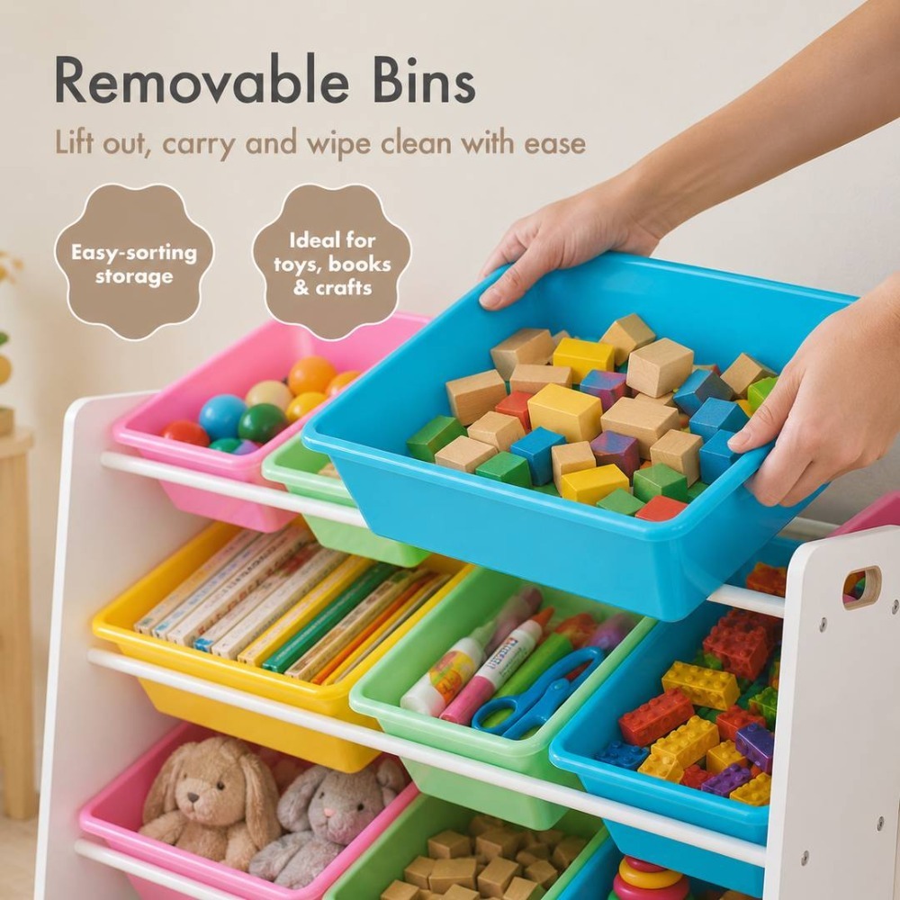 Kids Wooden Toy Storage Organiser | Storage Unit with 12 Colourful Bins White | 86cm x 28cm x 79cm