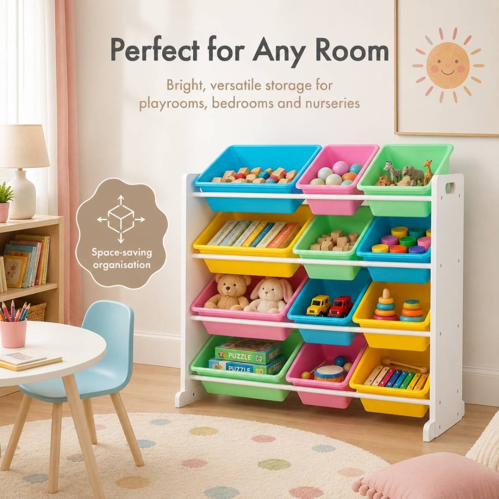 Kids Wooden Toy Storage Organiser | Storage Unit with 12 Colourful Bins White | 86cm x 28cm x 79cm