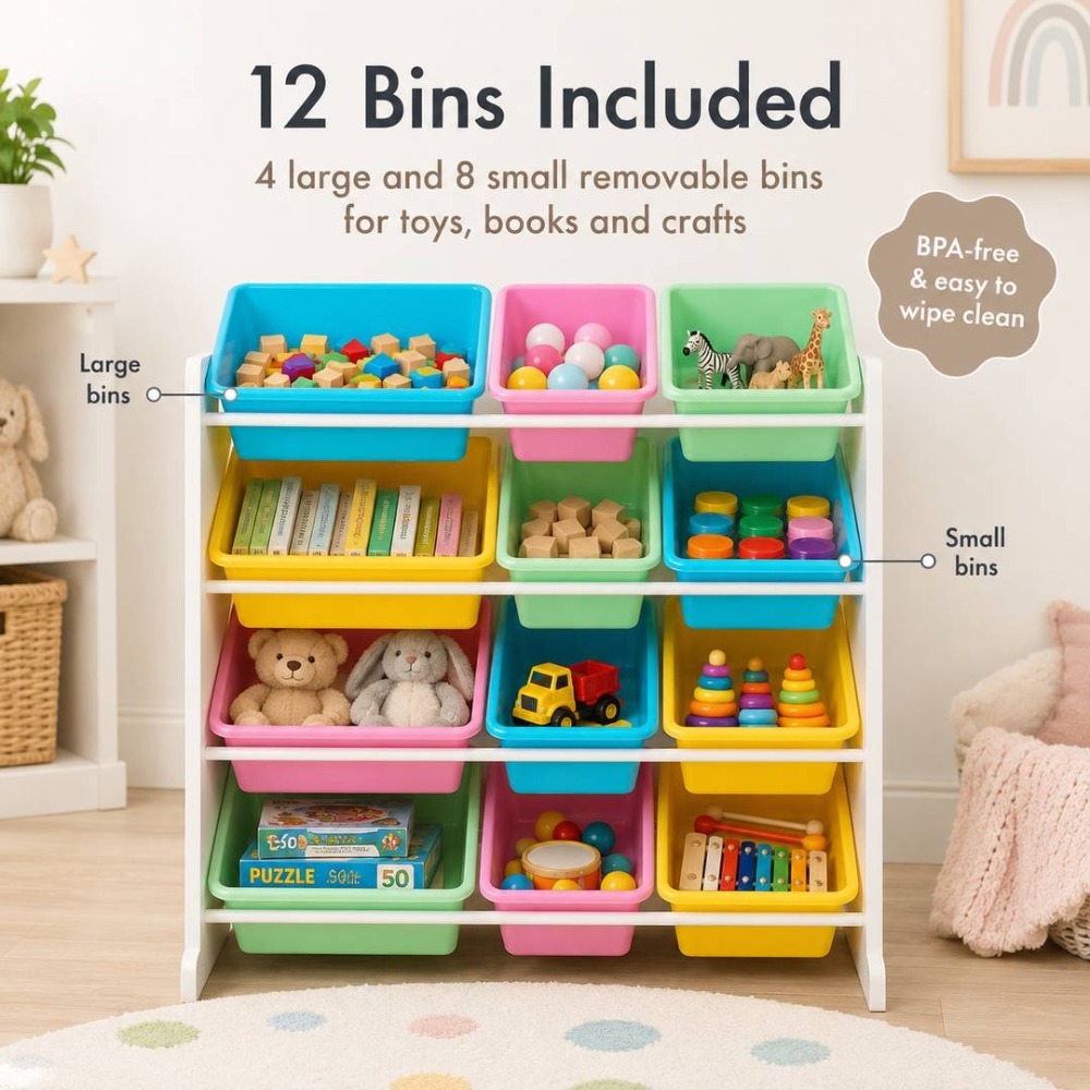 Kids Wooden Toy Storage Organiser | Storage Unit with 12 Colourful Bins White | 86cm x 28cm x 79cm