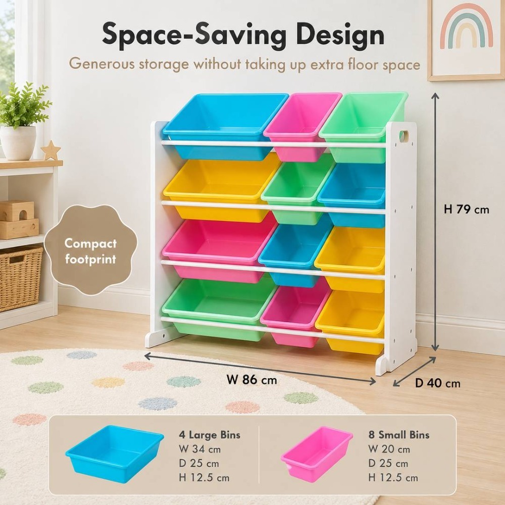 Kids Wooden Toy Storage Organiser | Storage Unit with 12 Colourful Bins White | 86cm x 28cm x 79cm