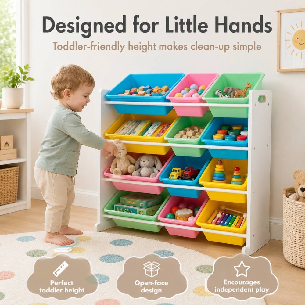 Kids Wooden Toy Storage Organiser | Storage Unit with 12 Colourful Bins White | 86cm x 28cm x 79cm