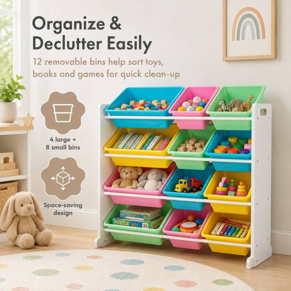 Kids Wooden Toy Storage Organiser | Storage Unit with 12 Colourful Bins White | 86cm x 28cm x 79cm