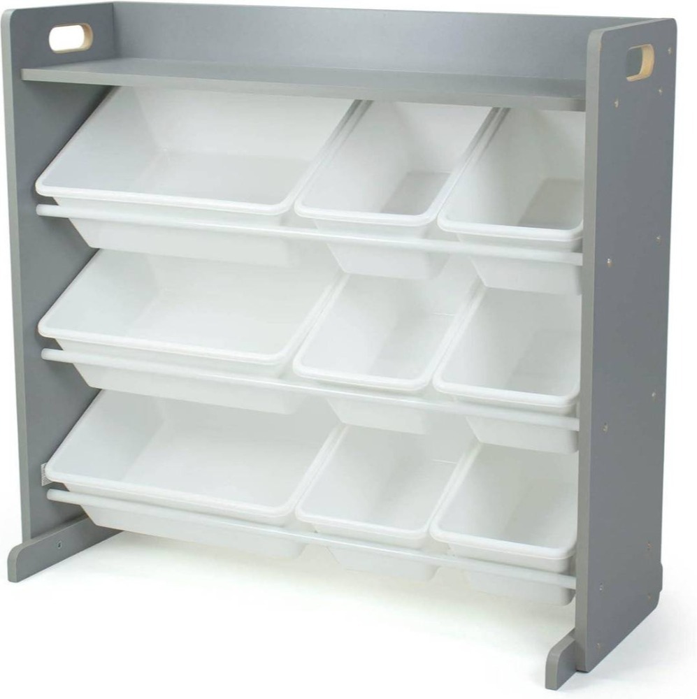 Kids Wooden Toy Storage Organiser | 9 Bin Shelf Unit Grey White | 34" x 15.5" x 31"
