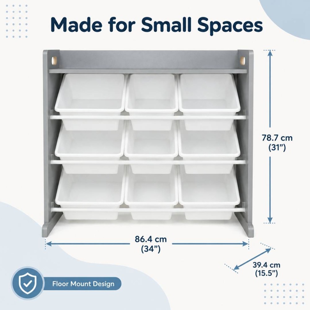 Kids Wooden Toy Storage Organiser | 9 Bin Shelf Unit Grey White | 34" x 15.5" x 31"
