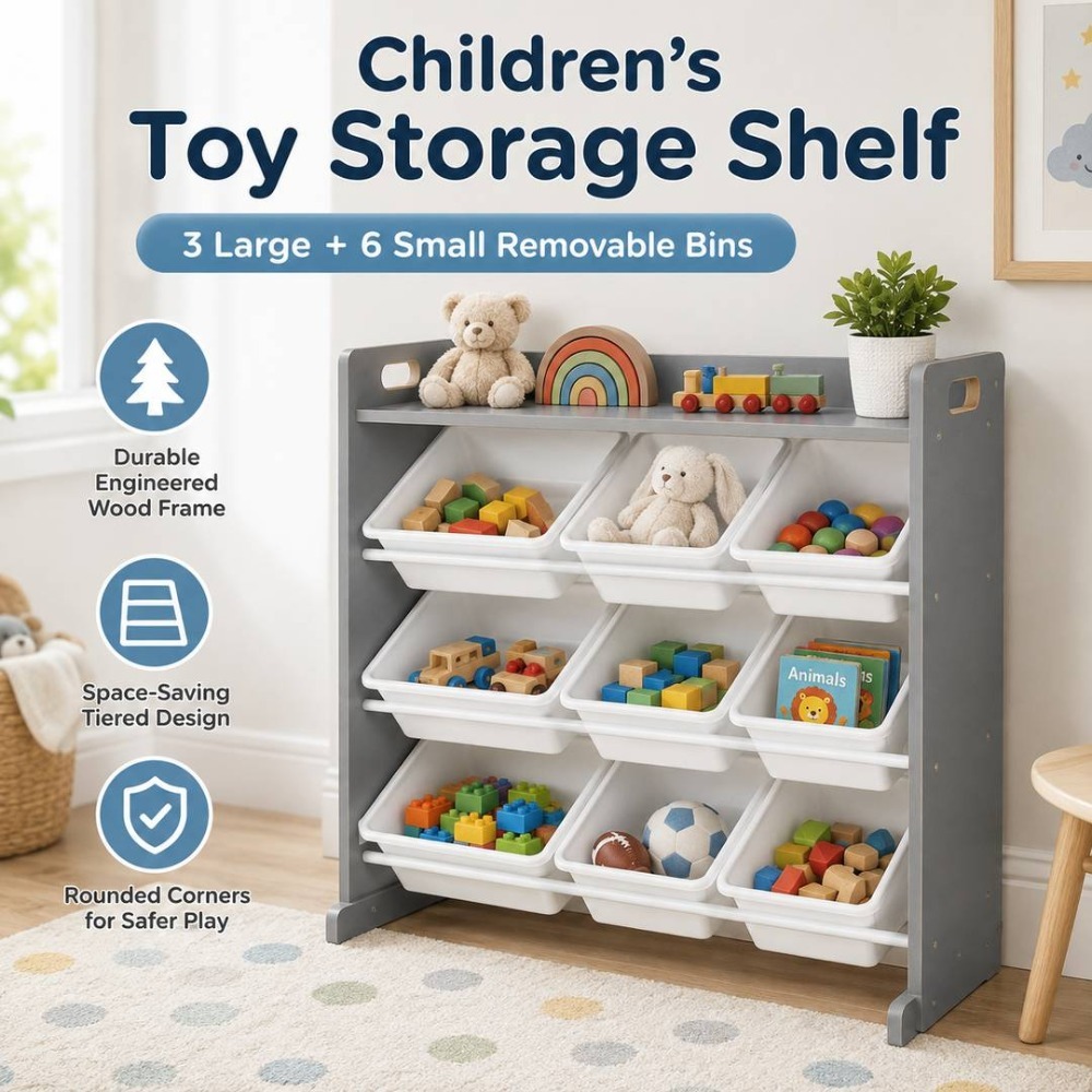Kids Wooden Toy Storage Organiser | 9 Bin Shelf Unit Grey White | 34" x 15.5" x 31"