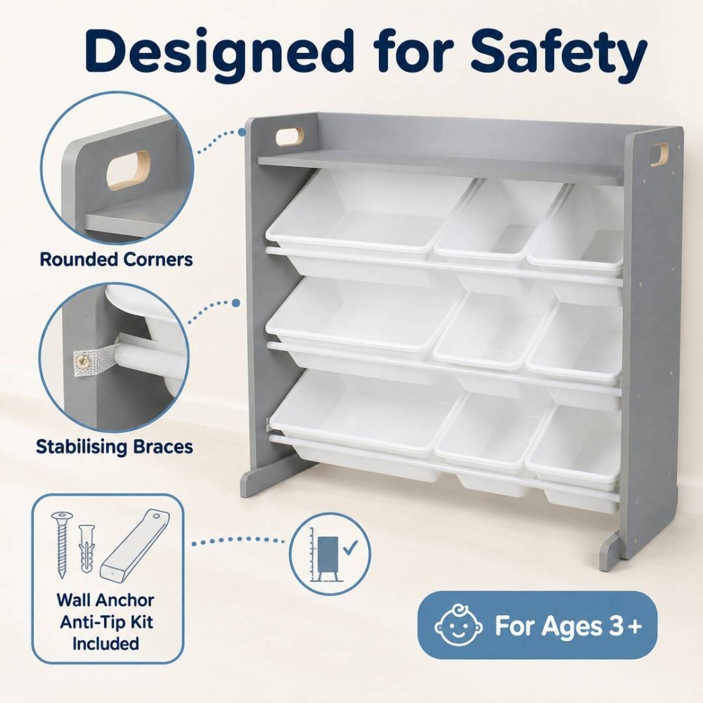 Kids Wooden Toy Storage Organiser | 9 Bin Shelf Unit Grey White | 34" x 15.5" x 31"