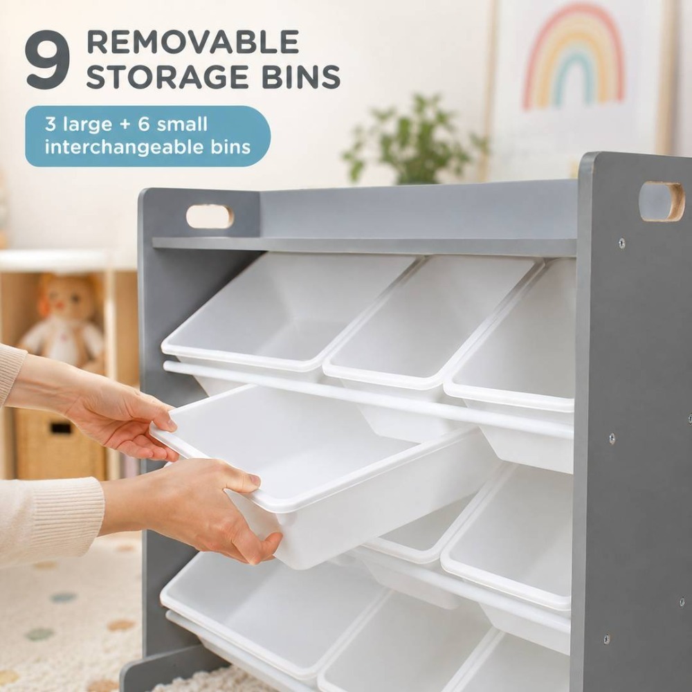 Kids Wooden Toy Storage Organiser | 9 Bin Shelf Unit Grey White | 34" x 15.5" x 31"