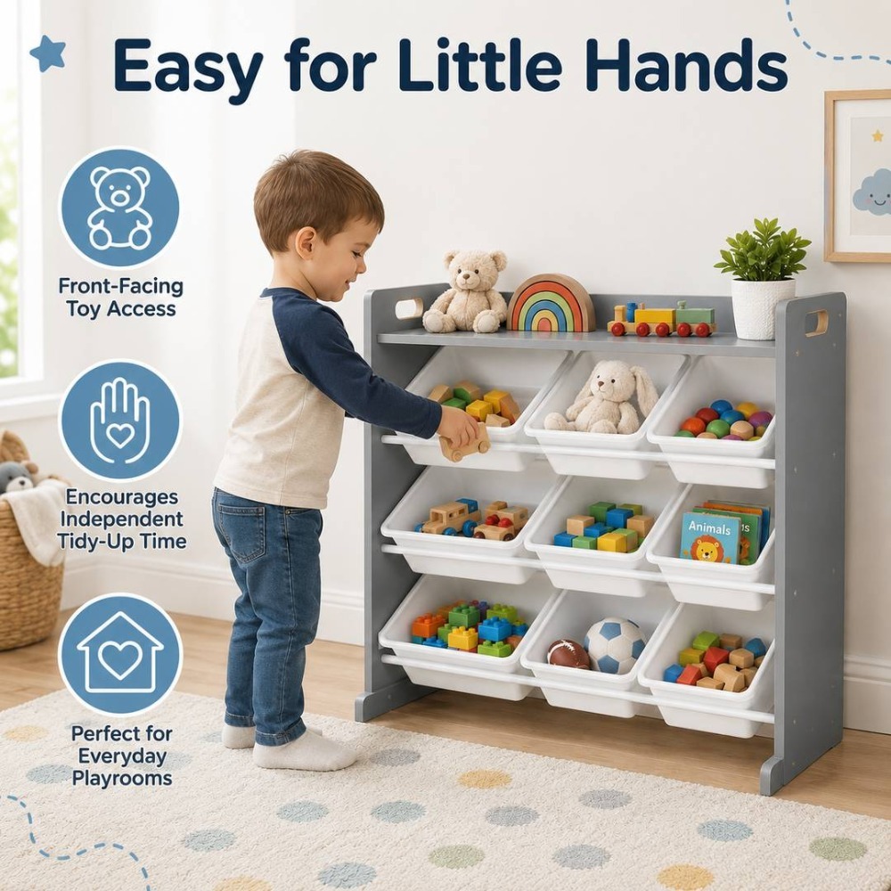 Kids Wooden Toy Storage Organiser | 9 Bin Shelf Unit Grey White | 34" x 15.5" x 31"