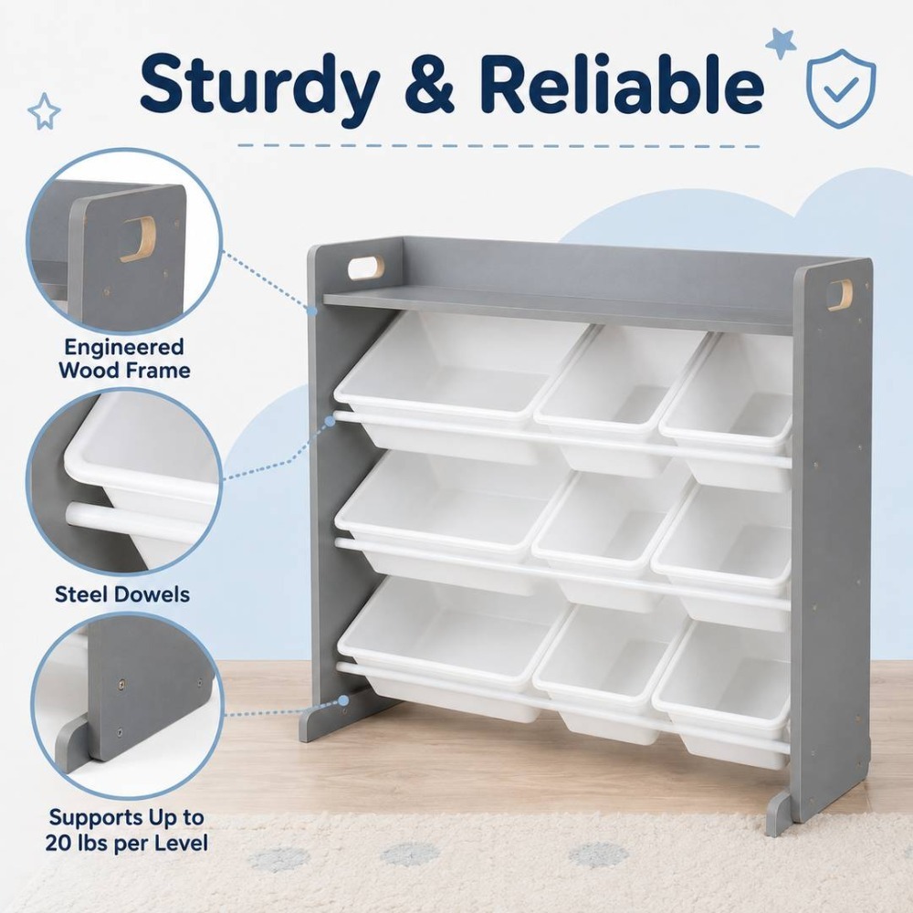 Kids Wooden Toy Storage Organiser | 9 Bin Shelf Unit Grey White | 34" x 15.5" x 31"
