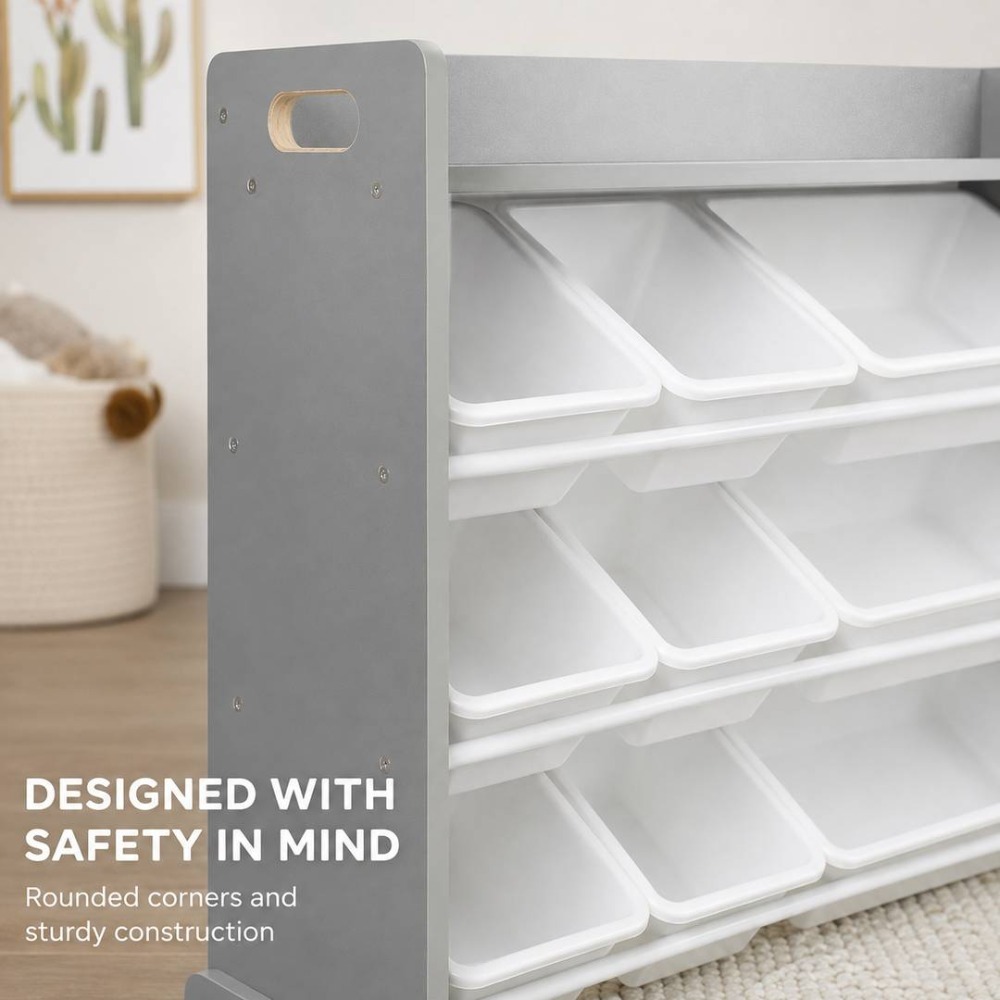 Kids Wooden Toy Storage Organiser | 9 Bin Shelf Unit Grey White | 34" x 15.5" x 31"